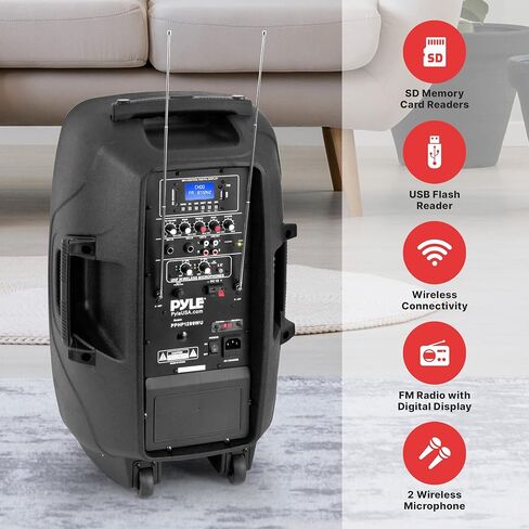 Pyle PPHP1299WU.5 نظام مكبر صوت PA محمول كاريوكي - 1000 واط يعمل بالطاقة اللاسلكية بلوتوث متوافق مع مكبر صوت خارجي مع بطارية قابلة لإعادة الشحن، عجلات، USB MP3 RCA، 2 ميكروفون UHF، جهاز تحكم عن بعد، أسود in Kuwait