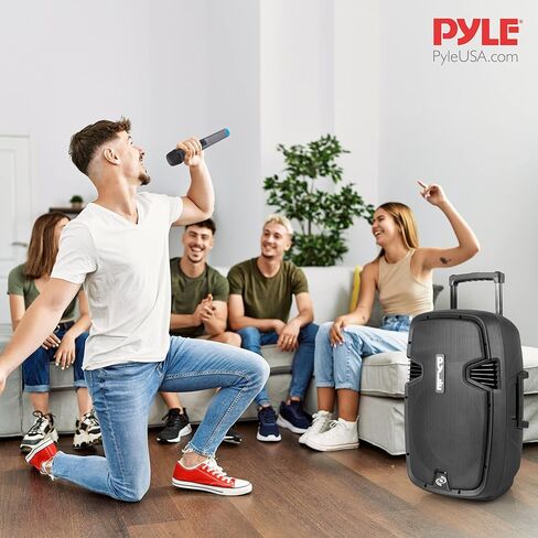 Pyle PPHP1299WU.5 نظام مكبر صوت PA محمول كاريوكي - 1000 واط يعمل بالطاقة اللاسلكية بلوتوث متوافق مع مكبر صوت خارجي مع بطارية قابلة لإعادة الشحن، عجلات، USB MP3 RCA، 2 ميكروفون UHF، جهاز تحكم عن بعد، أسود in Kuwait