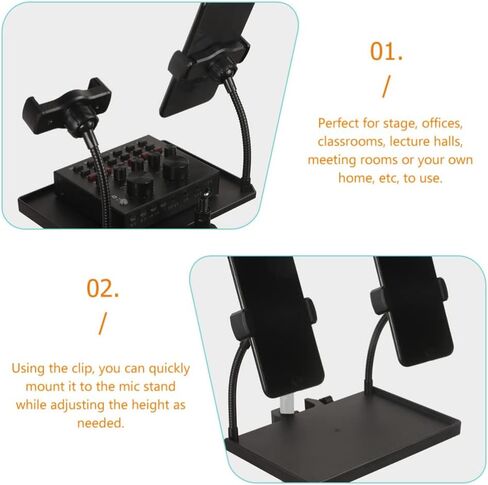 Milisten Microphone Stand Tray Holder with 2 Phone Holders, Universal Sound Card Tray, Mic Stand Clamp-On Rack Tray Holder, Adjustable Cell Phone Stand for Live Streaming, karaoke in Kuwait