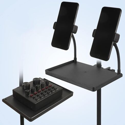 Milisten Microphone Stand Tray Holder with 2 Phone Holders, Universal Sound Card Tray, Mic Stand Clamp-On Rack Tray Holder, Adjustable Cell Phone Stand for Live Streaming, karaoke in Kuwait