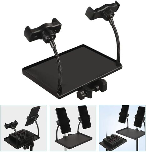 Milisten Microphone Stand Tray Holder with 2 Phone Holders, Universal Sound Card Tray, Mic Stand Clamp-On Rack Tray Holder, Adjustable Cell Phone Stand for Live Streaming, karaoke in Kuwait