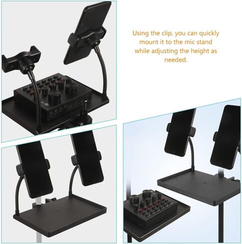 Milisten Microphone Stand Tray Holder with 2 Phone Holders, Universal Sound Card Tray, Mic Stand Clamp-On Rack Tray Holder, Adjustable Cell Phone Stand for Live Streaming, karaoke in Kuwait