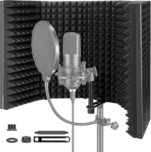 درع عزل ميكروفون قابل للطي مع حامل ملولب 3/8 انش و5/8 انش ودرع صوت ميكروفون من الفوم الممتص لاستوديو التسجيل والمدونات الصوتية والغناء والبث in Kuwait