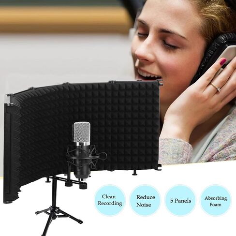 درع عزل ميكروفون قابل للطي مع حامل ملولب 3/8 انش و5/8 انش ودرع صوت ميكروفون من الفوم الممتص لاستوديو التسجيل والمدونات الصوتية والغناء والبث in Kuwait