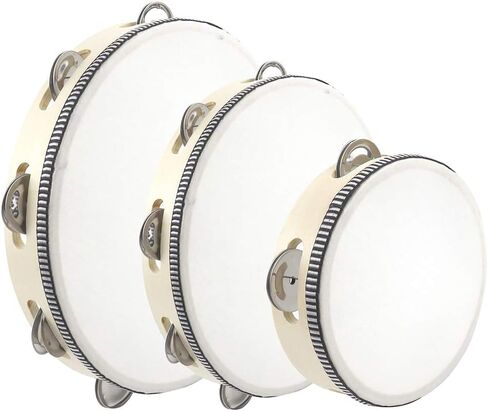 3PCS Tambourines for Adults Church, 6" 8" 10" Wood Hand Tambourines Bell Instrument Cahone Drum, Musical Instruments Hand Held Drum Bell Metal Jingles Percussion for Party, KTV in Kuwait