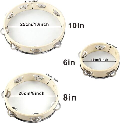 3PCS Tambourines for Adults Church, 6" 8" 10" Wood Hand Tambourines Bell Instrument Cahone Drum, Musical Instruments Hand Held Drum Bell Metal Jingles Percussion for Party, KTV in Kuwait