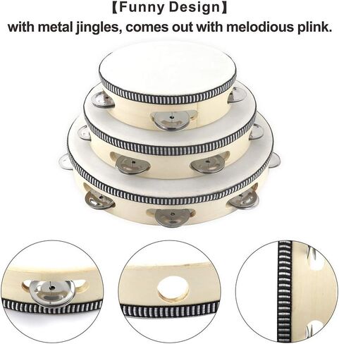3PCS Tambourines for Adults Church, 6" 8" 10" Wood Hand Tambourines Bell Instrument Cahone Drum, Musical Instruments Hand Held Drum Bell Metal Jingles Percussion for Party, KTV in Kuwait