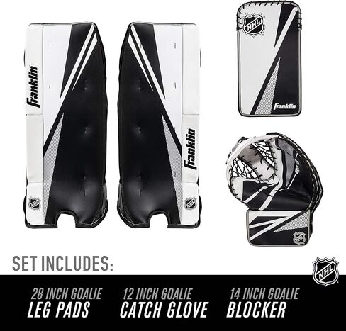 Franklin Sports Street Hockey Goalie Equipment Set - NHL Youth Street Hockey Goalie Pads - Leg Pads, Catch Glove, and Blocker - Youth Goalie Gear Black, 12" in Saudi Arabia