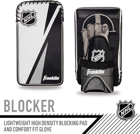 Franklin Sports Street Hockey Goalie Equipment Set - NHL Youth Street Hockey Goalie Pads - Leg Pads, Catch Glove, and Blocker - Youth Goalie Gear Black, 12" in Saudi Arabia