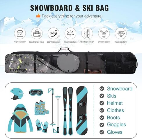 حقيبة التزلج على الجليد والتزلج من FIXITOK للسفر الجوي، حقيبة تزلج مبطنة بالكامل مقاومة للماء تناسب اللوحة والأحذية طويلة الرقبة والملابس والخوذة والعتاد، حقيبة تزلج بطول قابل للتعديل (157 سم - 181 سم) in Kuwait