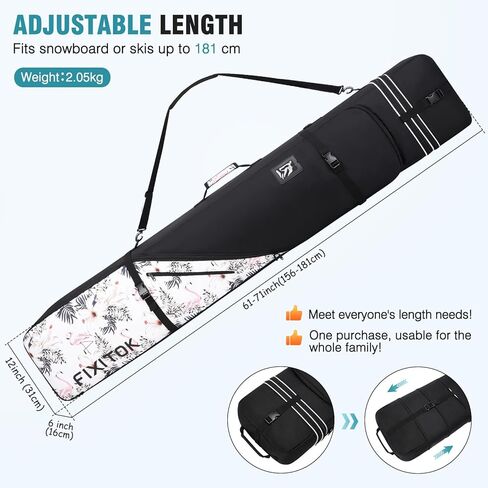 حقيبة التزلج على الجليد والتزلج من FIXITOK للسفر الجوي، حقيبة تزلج مبطنة بالكامل مقاومة للماء تناسب اللوحة والأحذية طويلة الرقبة والملابس والخوذة والعتاد، حقيبة تزلج بطول قابل للتعديل (157 سم - 181 سم) in Kuwait