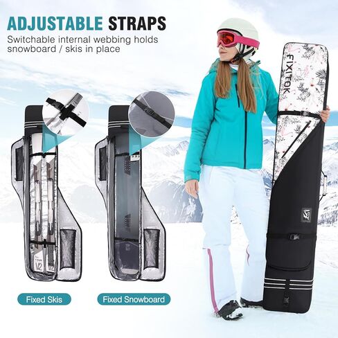 حقيبة التزلج على الجليد والتزلج من FIXITOK للسفر الجوي، حقيبة تزلج مبطنة بالكامل مقاومة للماء تناسب اللوحة والأحذية طويلة الرقبة والملابس والخوذة والعتاد، حقيبة تزلج بطول قابل للتعديل (157 سم - 181 سم) in Kuwait
