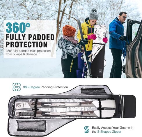 حقيبة التزلج على الجليد والتزلج من FIXITOK للسفر الجوي، حقيبة تزلج مبطنة بالكامل مقاومة للماء تناسب اللوحة والأحذية طويلة الرقبة والملابس والخوذة والعتاد، حقيبة تزلج بطول قابل للتعديل (157 سم - 181 سم) in Kuwait