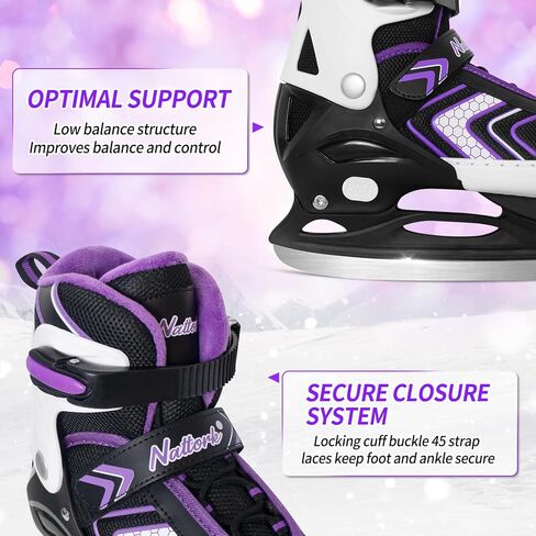 Nattork Kids Ice Skates، زلاجات هوكي الجليد للبنين والبنات، 4 مقاسات قابلة للتعديل معززة لدعم الكاحل زلاجات ثلجية حشوة ناعمة، هدية عيد ميلاد للأطفال in Kuwait
