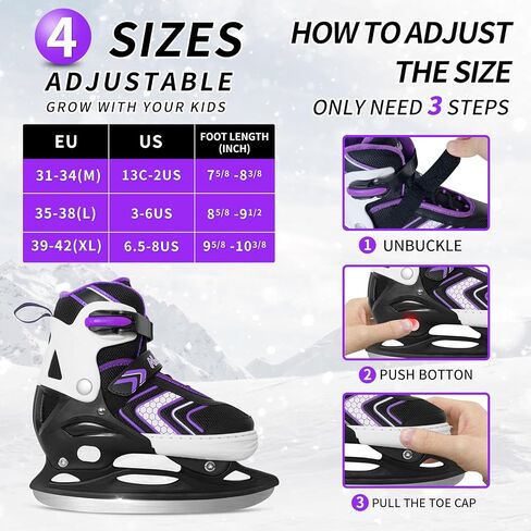 Nattork Kids Ice Skates، زلاجات هوكي الجليد للبنين والبنات، 4 مقاسات قابلة للتعديل معززة لدعم الكاحل زلاجات ثلجية حشوة ناعمة، هدية عيد ميلاد للأطفال in Kuwait