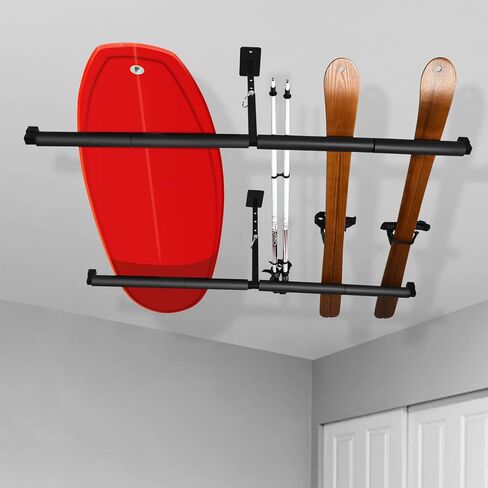 DACK Snowboard Ceiling Storage Rack, 10-18 Inch Adjustable Ski Rack, with Double SUP Longboard Kayaks Hanger, 80lbs Per Side Overhead Mount for Garage and Indoor in Kuwait
