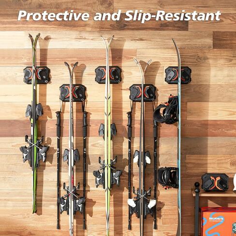 Skifavs لوح التزلج على الحائط موفر للمساحة، رف تخزين جداري للتزلج على الجليد لجدار المرآب يناسب أي عرض للتزلج/لوح التزلج على الجليد، حاملات التزلج الخالية من التلف لتنظيم تخزين الزلاجات على المدى الطويل in Kuwait