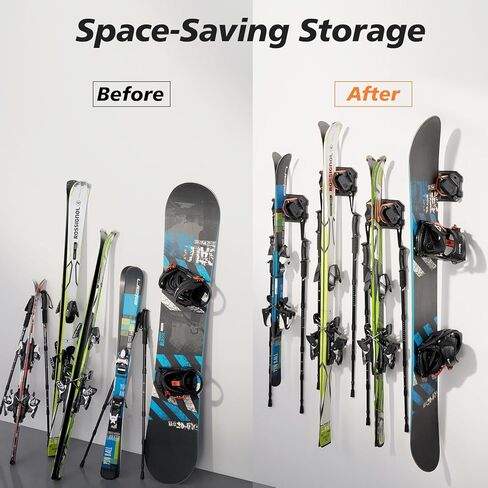 Skifavs لوح التزلج على الحائط موفر للمساحة، رف تخزين جداري للتزلج على الجليد لجدار المرآب يناسب أي عرض للتزلج/لوح التزلج على الجليد، حاملات التزلج الخالية من التلف لتنظيم تخزين الزلاجات على المدى الطويل in Kuwait