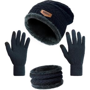 Winter Beanie Hat Circle Scarf Touchscreen Gloves Set, Snow Knit Skull Cap, Warm Thick Fleece Lined Neck Warmer for Men Women