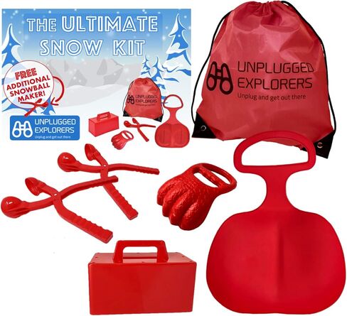 Unplugged Explorers 6 pc. Ultimate Snow Toys kit, Winter Sports- 1 Red Sled, Snow Brick Maker, Snow Digger & Snow Mold, 2 Snowball Makers (1 Free) 1 Oversized Winter Toys Storage in Kuwait