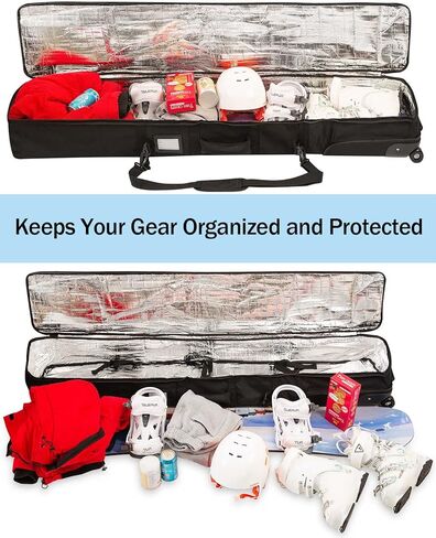 حقيبة SOGUKOER على الجليد مع عجلات، حقيبة على الجليد مبطنة وحقيبة تزلج وحقيبة سفر مقاومة للماء للوح الجليد والنظارات والقفازات والزلاجات والإكسسوارات in Kuwait