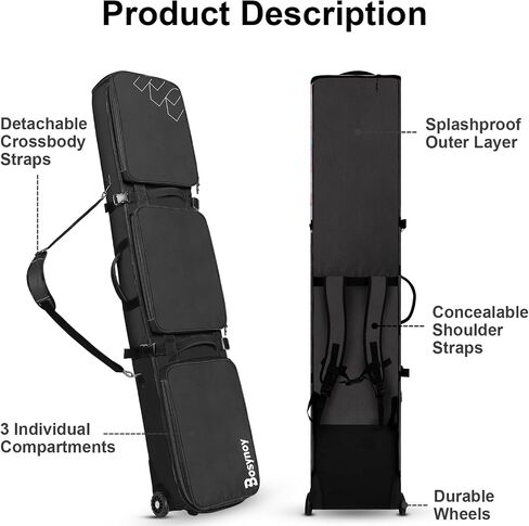 Bosynoy Ski Bag with Wheels, Waterproof Roller Snowboard Bag for Flying Air Travel, 164cm (Extendable to 175 cm) Durable Padded Ski Boot Bag Storage Ski Board Boots, Helmet, Jacket in Saudi Arabia