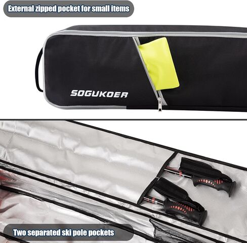 SOGUKOER Ski Bag Padded Transport Bag for Skis Detachable Shoulder Strap, Carrying Bag for Skis up to 185cm/195cm with Separated Pole Pockets, Ski Straps in Kuwait