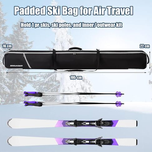 SOGUKOER Ski Bag Padded Transport Bag for Skis Detachable Shoulder Strap, Carrying Bag for Skis up to 185cm/195cm with Separated Pole Pockets, Ski Straps in Kuwait