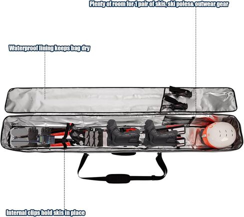 SOGUKOER Ski Bag Padded Transport Bag for Skis Detachable Shoulder Strap, Carrying Bag for Skis up to 185cm/195cm with Separated Pole Pockets, Ski Straps in Kuwait