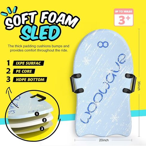 زلاجات إسفنجية من WOOWAVE للأطفال خفيفة الوزن للغاية مقاس 91.44 سم مزلجة ثلجية مع قلب من البولي إيثيلين وقاعدة ناعمة in Kuwait