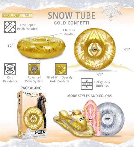 أنبوب ثلج قابل للنفخ من بوزا - أنبوب زلاجة ثلجية كبير فاخر مع مقابض وقصاصات ثلج ذهبية، مزلجة أنبوبية PVC متينة مقاومة للبرد للبالغين والأطفال - 41 بوصة in Kuwait