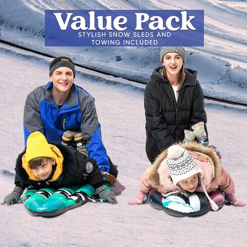 JOYIN Inflatable Snow Sleds (2 Pack), 40" Heavy Duty Snow Tube with Handles, Cold Resistant Snow Sled for Kids and Adults Winter Toys Gifts,Toboggan for Family Winter Outdoor Activity(Green) in Saudi Arabia