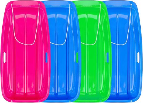 4 عبوات من زلاجات الثلج البلاستيكية مقاس 81.28 سم × 43.18 سم مع وسائد وحبال سحب على المنحدرات لعبة زلاجات شتوية خارجية (وردي، أخضر، أزرق) in Kuwait