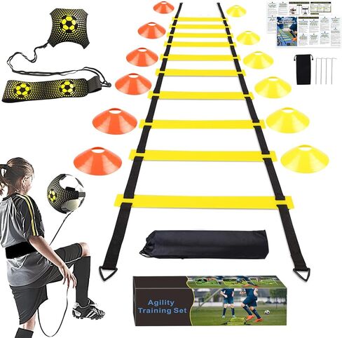 YGORTECH Football Speed Agility Training Set Agility Ladder 12 Sports Cones and Football Kick Trainer Football Training Equipment Footwork Drills for Kids and Adults in Kuwait