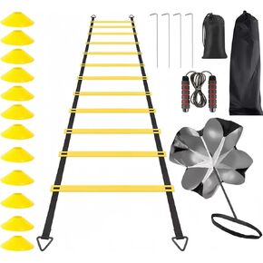 Agility Ladder Training Set, Exercise Equipment Kit Includes Adjustable 12 Rung 20Ft Agility Ladder, 4 Steel Stakes, 1 Skipping Rope, Resistance Parachute with Carry Bag Parachute and 12 Cones, for Ba in Kuwait