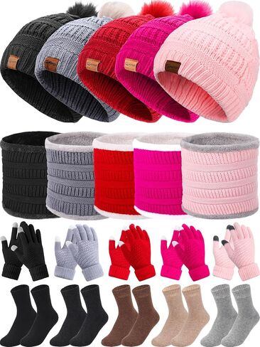 20pcs Winter Hat Scarf Gloves Sock Set Knit Beanie Hat Touchscreen Gloves Neck Warmer Scarf for Women Men in Saudi Arabia