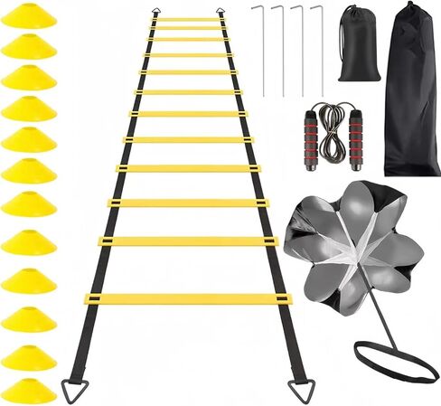 مجموعة سلم السرعة للتدريب على الرشاقة من ايلوسيكسريس - سلم رشاقة 12 درجة 20 قدم، 12 مخروط ميداني، 4 اوتاد ستيل، مظلة مقاومة مع شنطة حمل in Kuwait