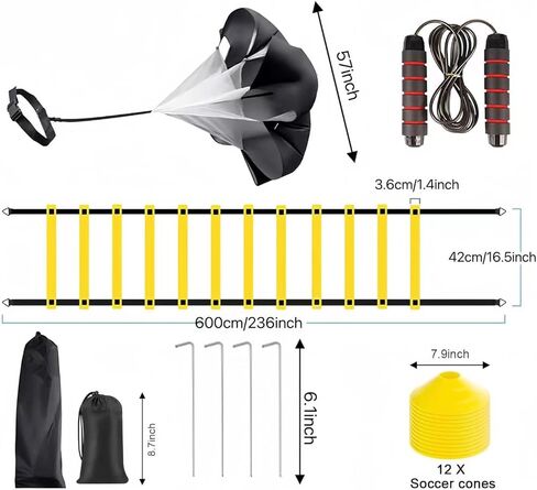 مجموعة سلم السرعة للتدريب على الرشاقة من ايلوسيكسريس - سلم رشاقة 12 درجة 20 قدم، 12 مخروط ميداني، 4 اوتاد ستيل، مظلة مقاومة مع شنطة حمل in Kuwait