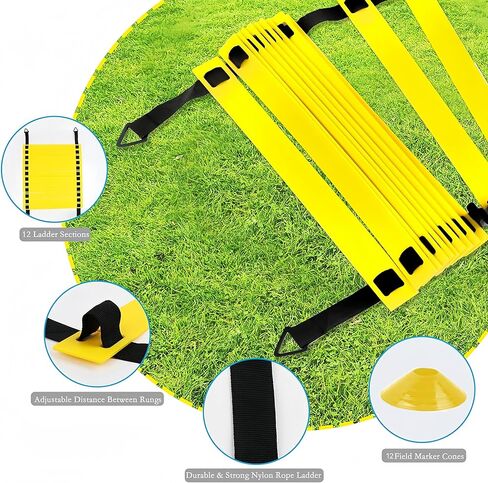 مجموعة سلم السرعة للتدريب على الرشاقة من ايلوسيكسريس - سلم رشاقة 12 درجة 20 قدم، 12 مخروط ميداني، 4 اوتاد ستيل، مظلة مقاومة مع شنطة حمل in Kuwait