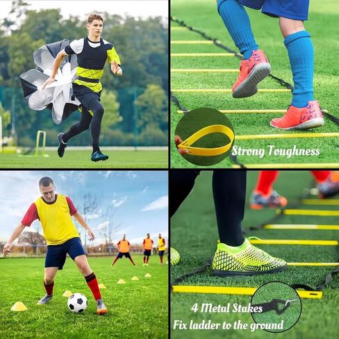 مجموعة سلم السرعة للتدريب على الرشاقة من ايلوسيكسريس - سلم رشاقة 12 درجة 20 قدم، 12 مخروط ميداني، 4 اوتاد ستيل، مظلة مقاومة مع شنطة حمل in Kuwait