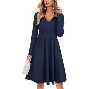 ULTRANICE Women's Fall Casual Long Sleeve Dresses V Neck Swing Midi Dress with Pockets