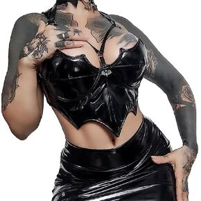 Women's Sexy PU Leather Halter Crop Tank Tops Lace Up Camisole Vest Bra for Club Party Festival Raves