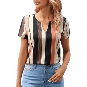 SweatyRocks Women's Short Sleeve Striped Printed Blouse Color Block Work Blouse Tee Top