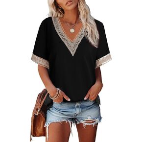 EVALESS Womens Short Sleeve Sexy Summer Tops Lace Trim V Neck Blouses for Women Fashion Tops Dressy Casual Shirts