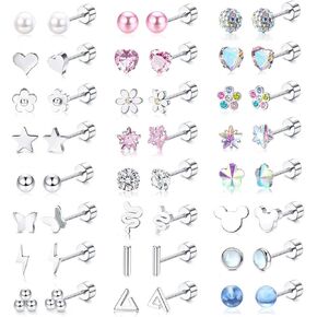 Jstyle 24 Pairs Hypoallergenic Screw Back Stud Earrings for Women Girls Surgical Steel Flat Back Earrings Cartilage Stud Cute Tiny CZ Heart Star Ball Flower Screwback Earrings Set Multicolored 20G