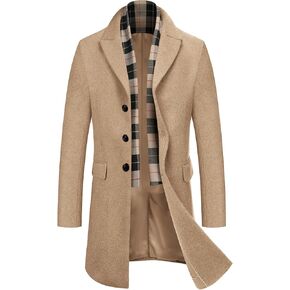 COOFANDY Men's Wool Blend Coat with Detachable Plaid Scarfs Notched Collar Single Breasted Pea Coat