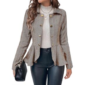 Cicy Bell Elegant Women Blazer Business Work Office Peplum Hem Jacket Open Front Herringbone Coats