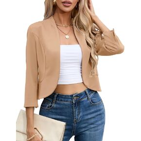 KOJOOIN Women's Casual Cropped Blazer 3/4 Sleeve Collarless Open Front Ruffle Work Office Cardigan Suit Jacket Shrug in Kuwait