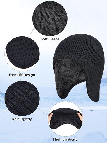 Motarto Winter Warm Earflap Hat Extended Thickened Fleece Lined Knit Beanie Hats Stretchy Windproof Skull Cap for Men Women in Kuwait
