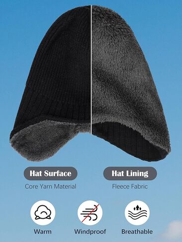 Motarto Winter Warm Earflap Hat Extended Thickened Fleece Lined Knit Beanie Hats Stretchy Windproof Skull Cap for Men Women in Kuwait